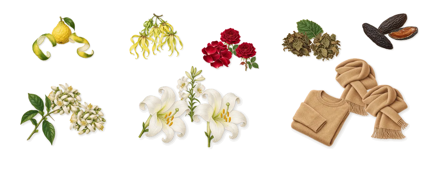 Original Musk’s scent picture, a draft: bergamot, orange blossom, rose, lily, ylang-ylang, tonka drawn so far; dashed outlines where nothing is drawn yet