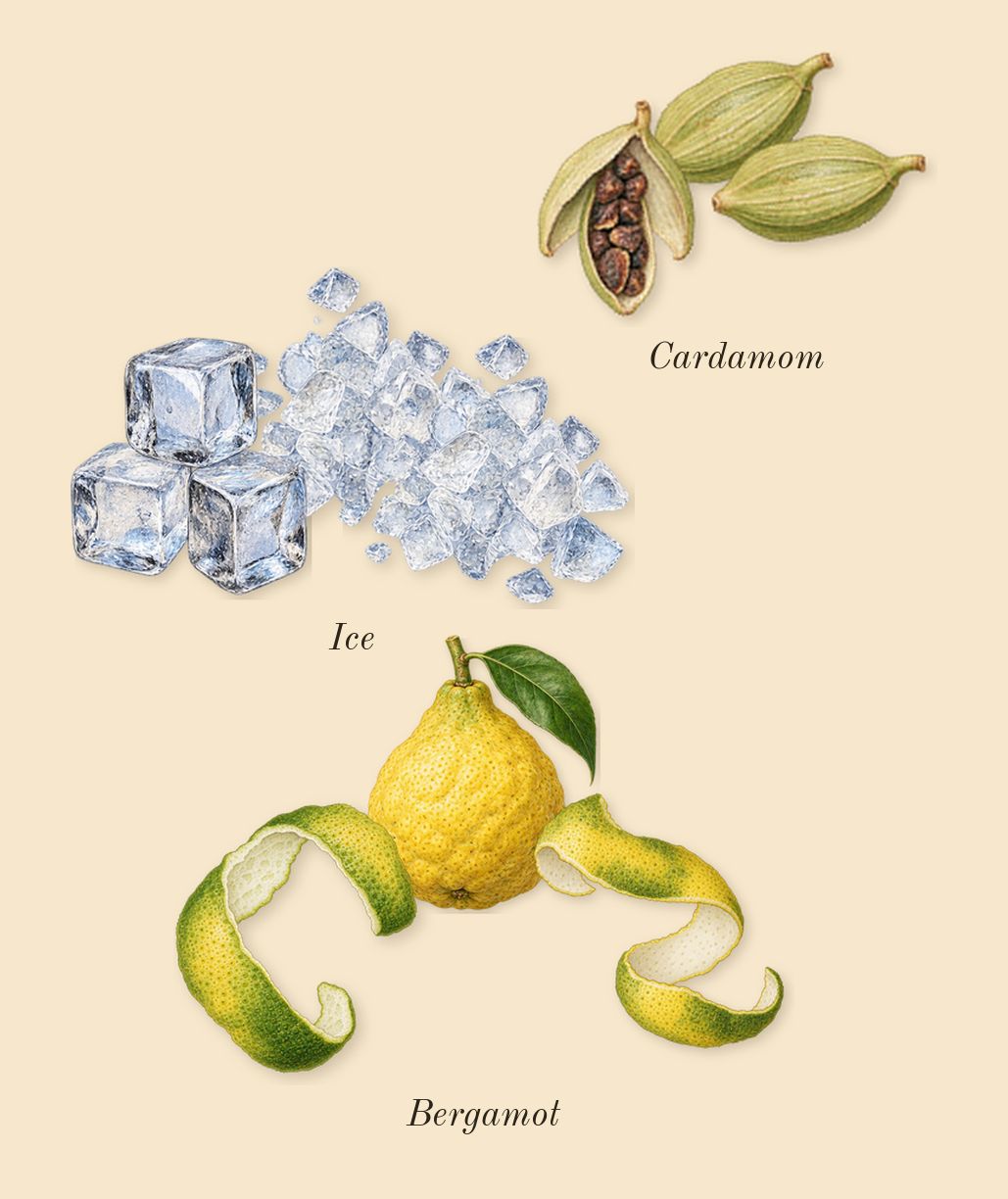 Apple Brandy on the Rocks, top notes: Ice, Bergamot, Cardamom