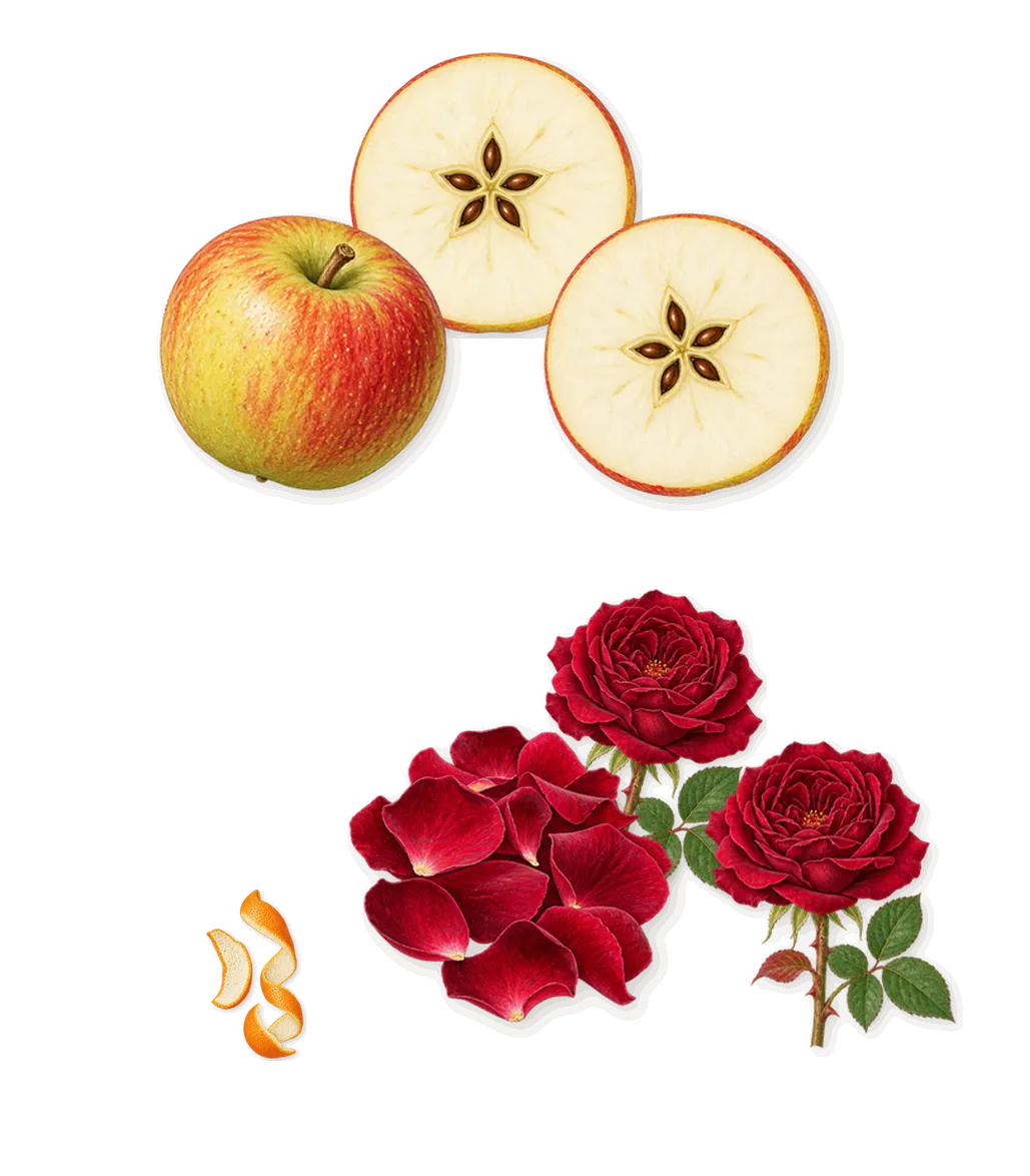 Blush Wood, when you spray it: Apple, Rose, Limonene (orange peel)