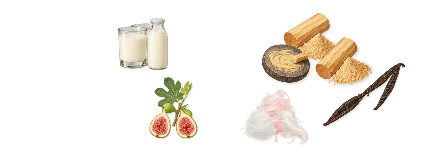 Fichi e Panna’s scent picture, a draft: fig, milk, spun sugar, vanilla, sandalwood drawn so far; dashed outlines where nothing is drawn yet