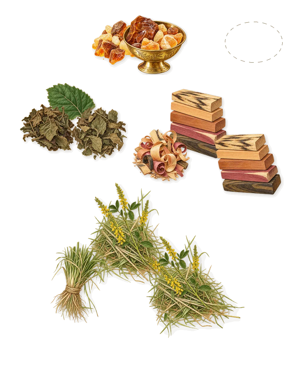 Ayurvédique Oriental Ambre Vanille Patchouli, as it settles: Patchouli, Woody notes, Amber, Coumarin (new-mown hay), Camphor