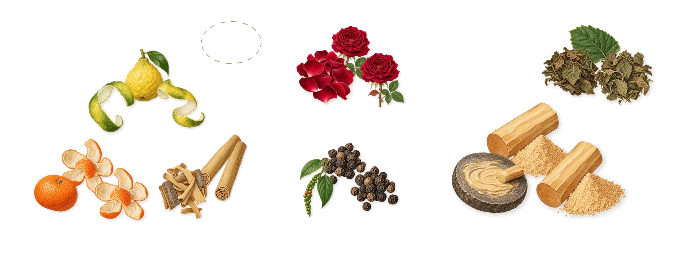 Essential’s scent picture, a draft: bergamot, cinnamon, mandarin, rose, black pepper, sandalwood drawn so far; dashed outlines where nothing is drawn yet