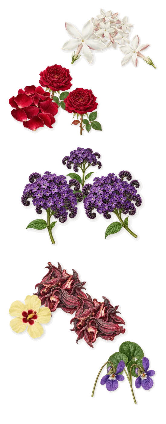 Pour Femme, as it settles: Violet, Rose, Hibiscus, Jasmine, Heliotrope