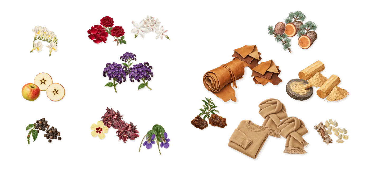Pour Femme’s scent picture, a draft: apple, black pepper, freesia, violet, rose, hibiscus drawn so far; dashed outlines where nothing is drawn yet