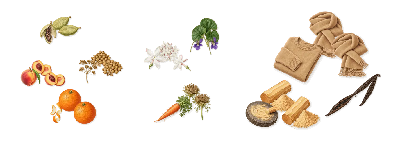 Touch of Pink’s scent picture, a draft: sweet orange, peach, coriander, cardamom, jasmine, violet drawn so far; dashed outlines where nothing is drawn yet