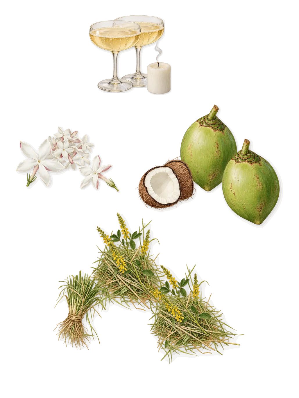11 11 Moon, as it settles: Coconut, Sparkling aldehydes, Jasmine, Coumarin (new-mown hay)