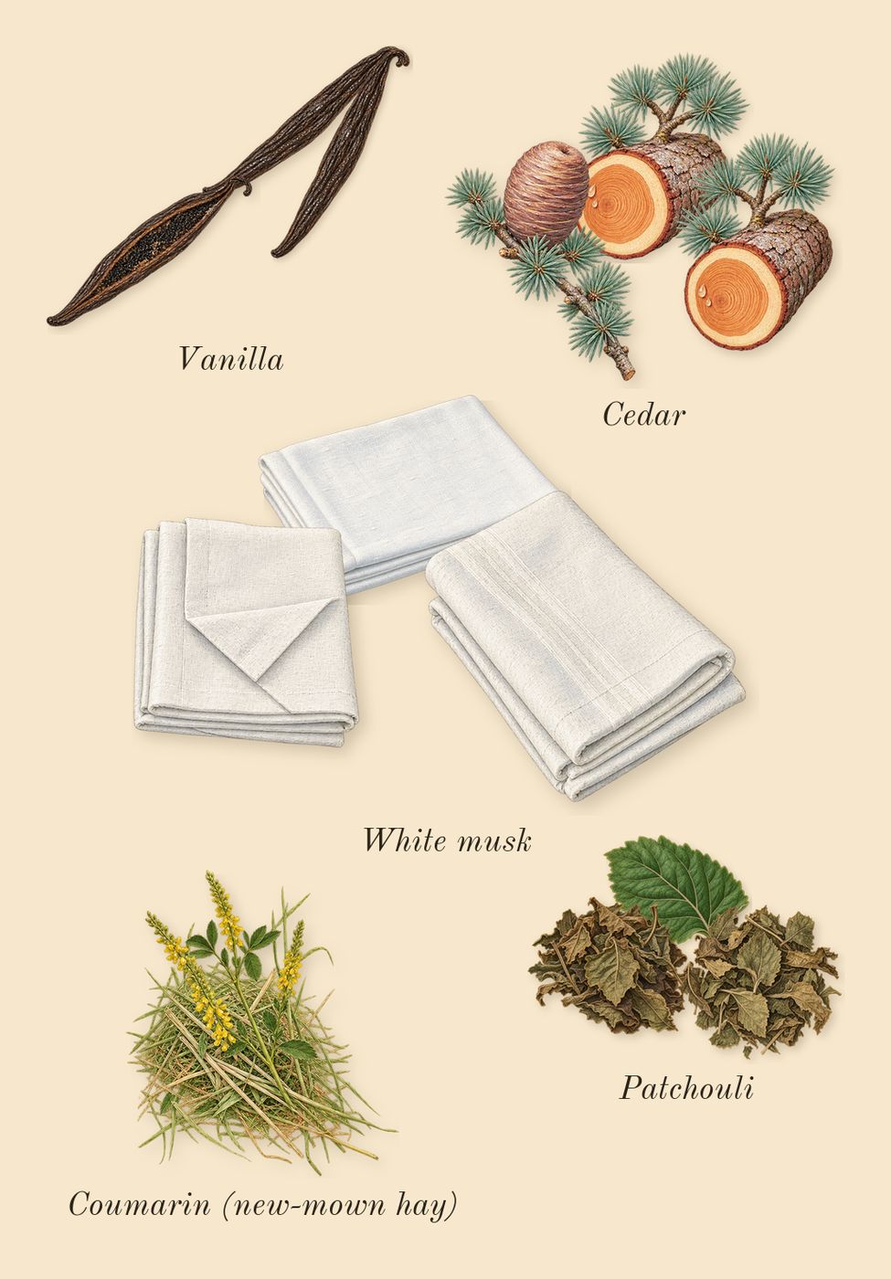 Idôle, dry-down: White musk, Vanilla, Patchouli, Cedar, Coumarin (new-mown hay)