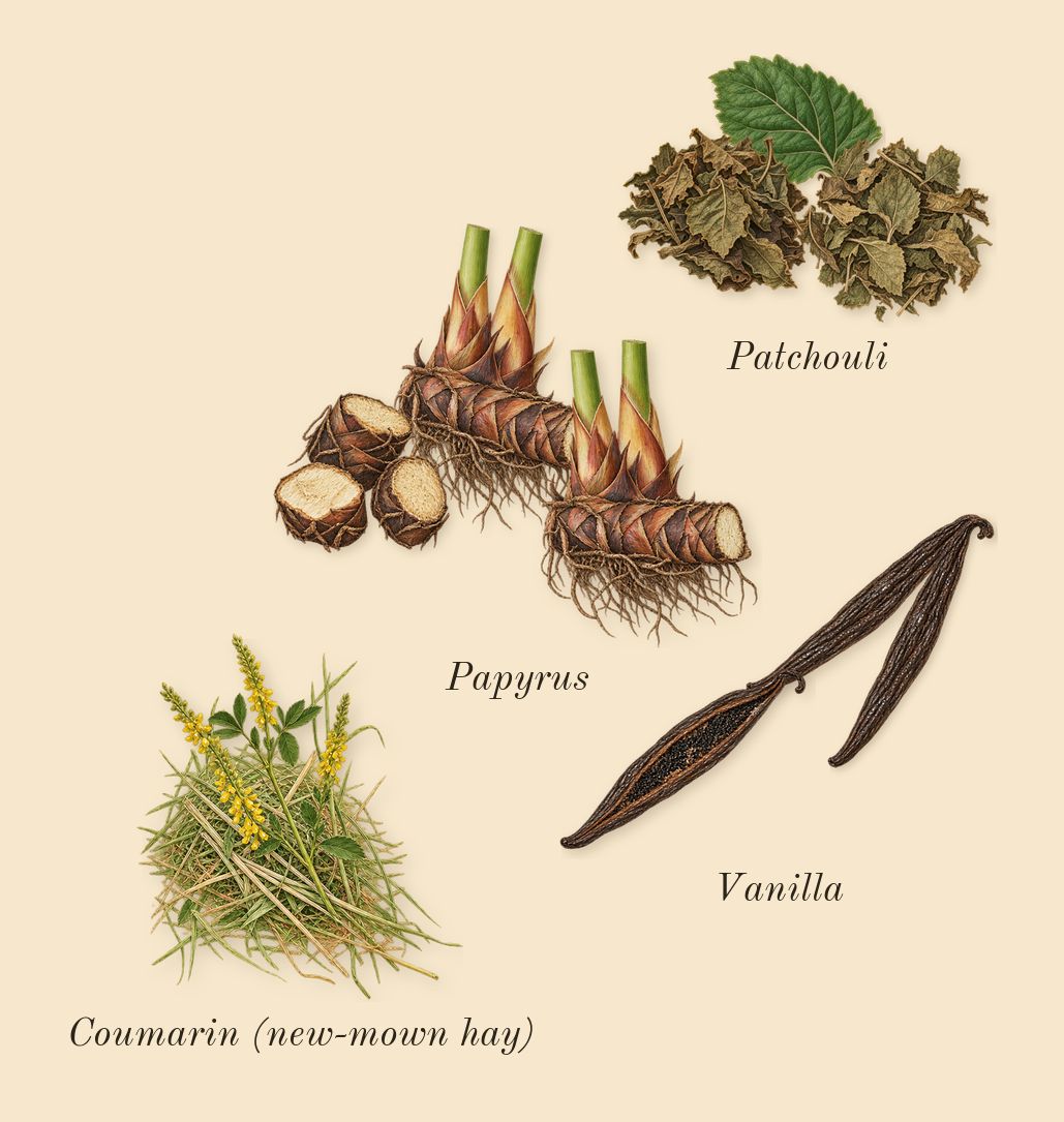 La Nuit Trésor, dry-down: Vanilla, Patchouli, Papyrus, Coumarin (new-mown hay)