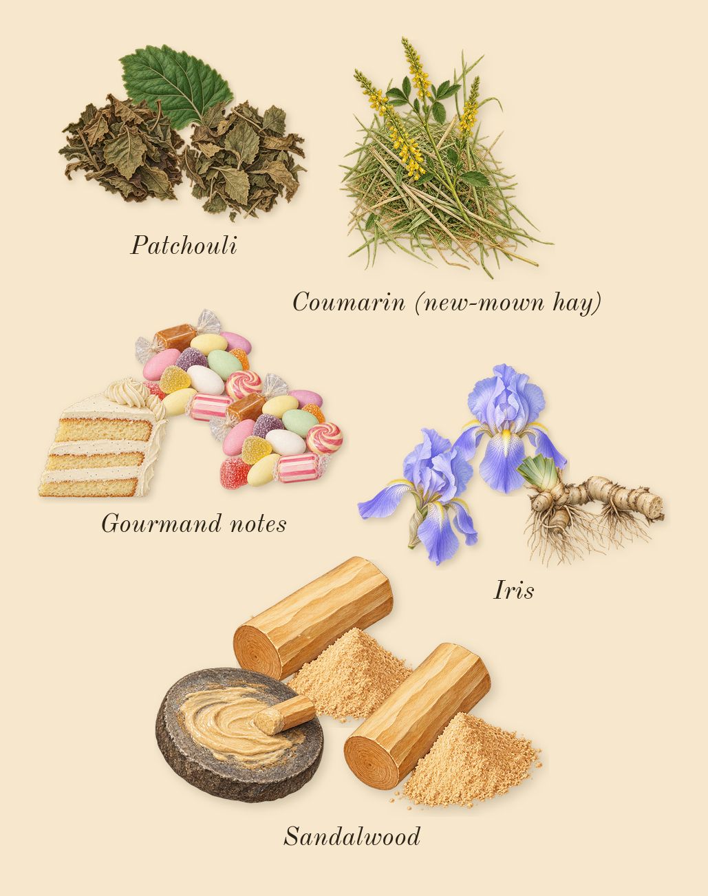 La Vie Est Belle Iris Absolu, dry-down: Iris, Patchouli, Gourmand notes, Sandalwood, Coumarin (new-mown hay)