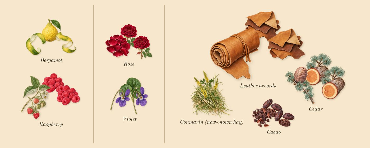 La Vie Est Belle L'Elixir’s scent picture, a draft: raspberry, bergamot, violet, rose, cacao, leather accords drawn so far; dashed outlines where nothing is drawn yet