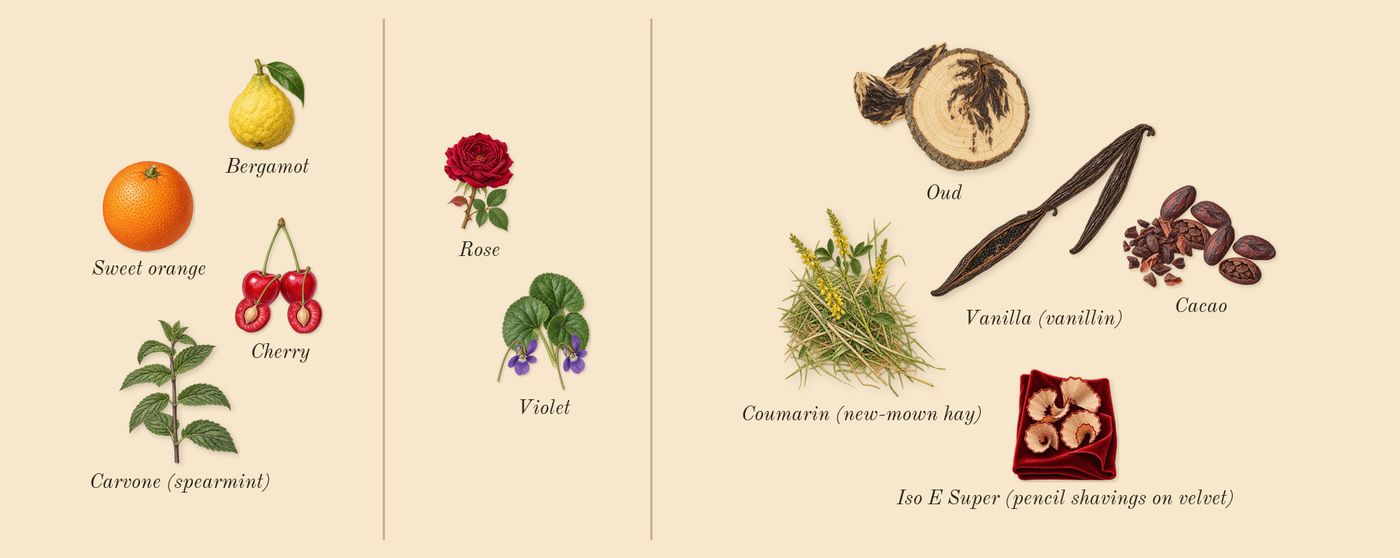 La Vie Est Belle L'Elixir Very Cherry’s scent picture, a draft: cherry, violet, oud, cacao, vanilla (vanillin), rose drawn so far; dashed outlines where nothing is drawn yet