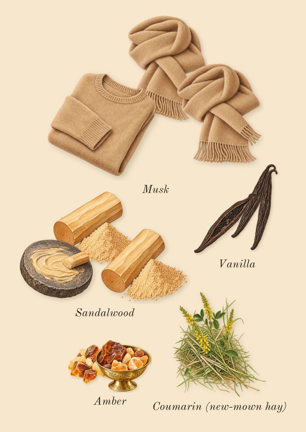 Trésor, dry-down: Amber, Sandalwood, Musk, Vanilla, Coumarin (new-mown hay)