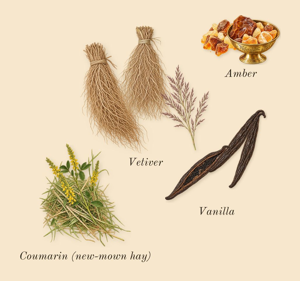 Asad Bourbon, dry-down: Vetiver, Vanilla, Amber, Coumarin (new-mown hay)