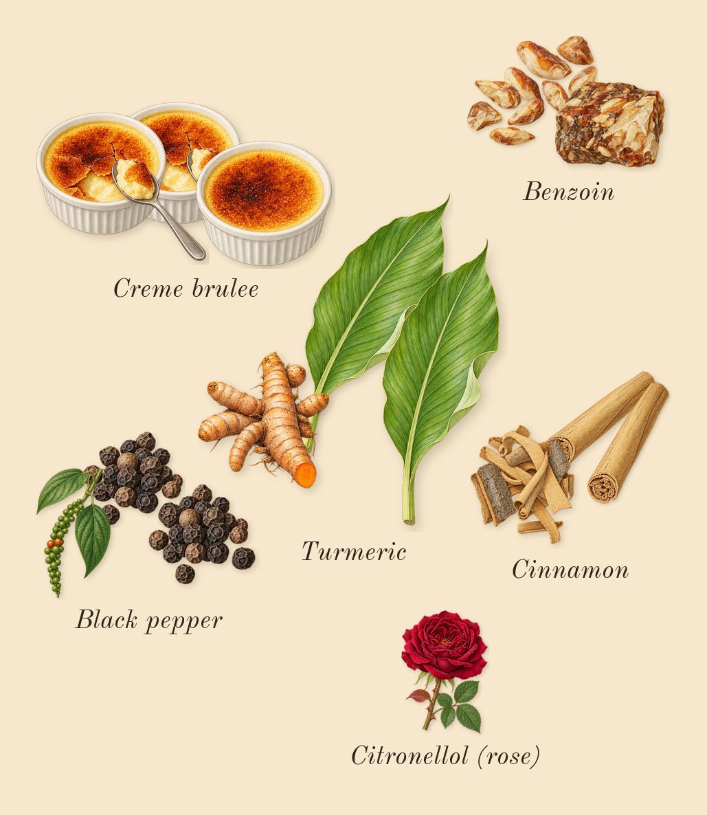 Bade'e Al Oud Honor & Glory, heart: Turmeric, Cinnamon, Black pepper, Benzoin, Creme brulee, Citronellol (rose)