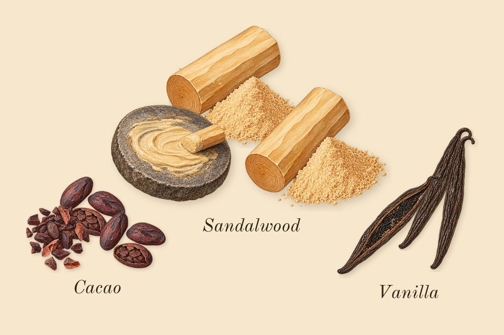 Qimmah for Women, dry-down: Cacao, Vanilla, Sandalwood