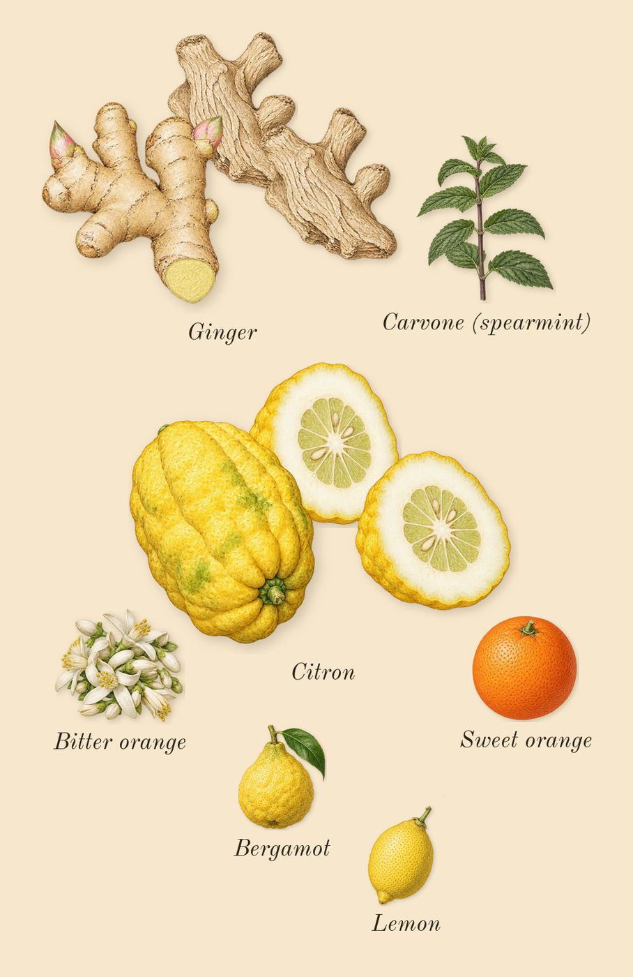 Cédrat 37, top notes: Citron, Ginger, Bergamot, Lemon, Sweet orange, Bitter orange, Carvone (spearmint)