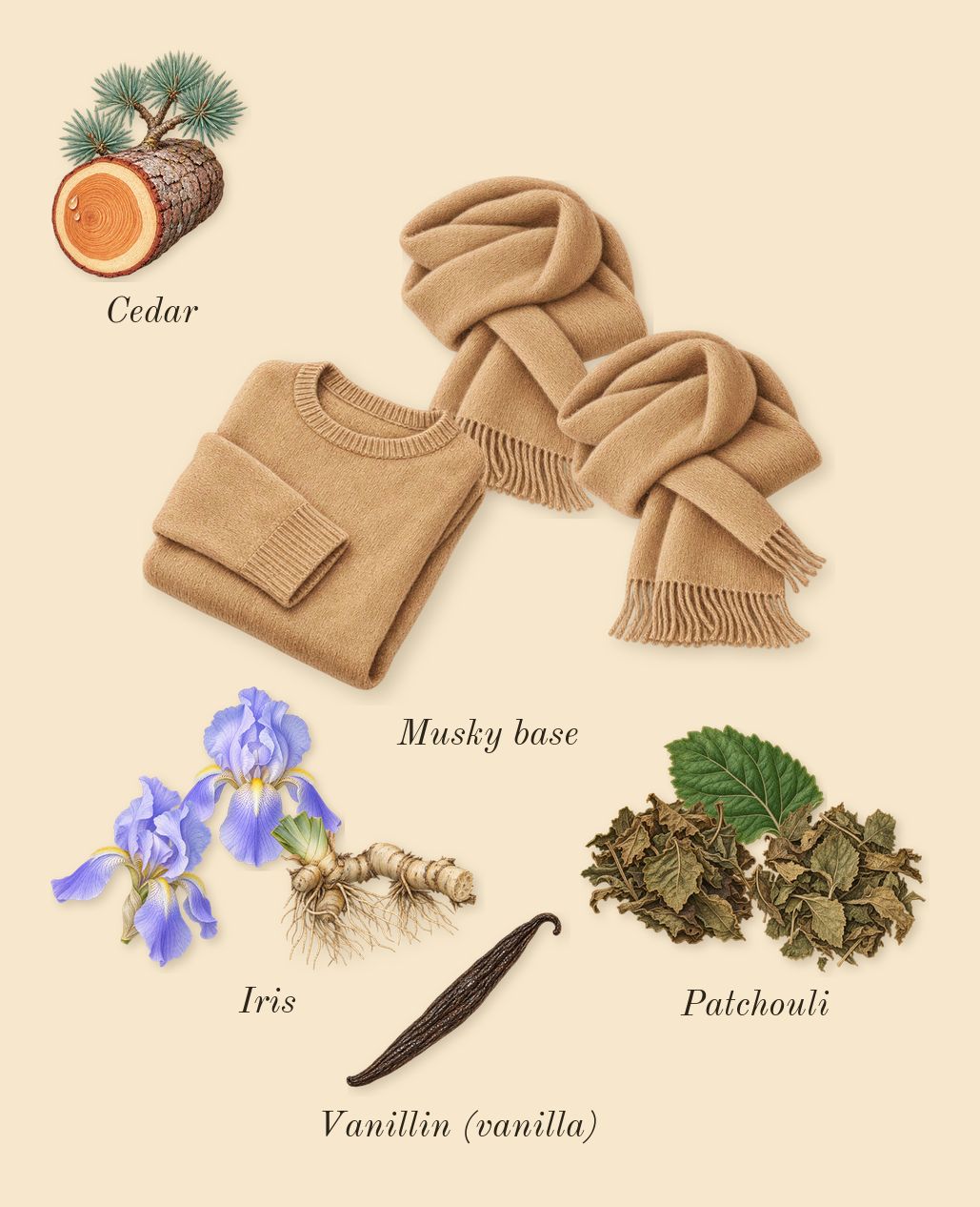 Iris 39, dry-down: Iris, Patchouli, Musky base, Cedar, Vanillin (vanilla)
