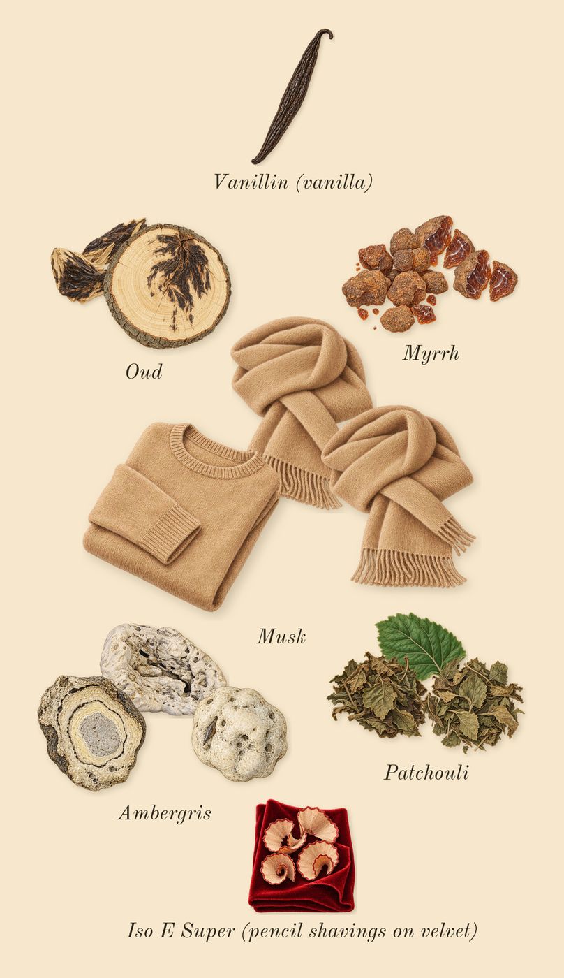 Myrrhe 55, dry-down: Myrrh, Patchouli, Oud, Ambergris, Musk, Iso E Super (pencil shavings on velvet), Vanillin (vanilla)