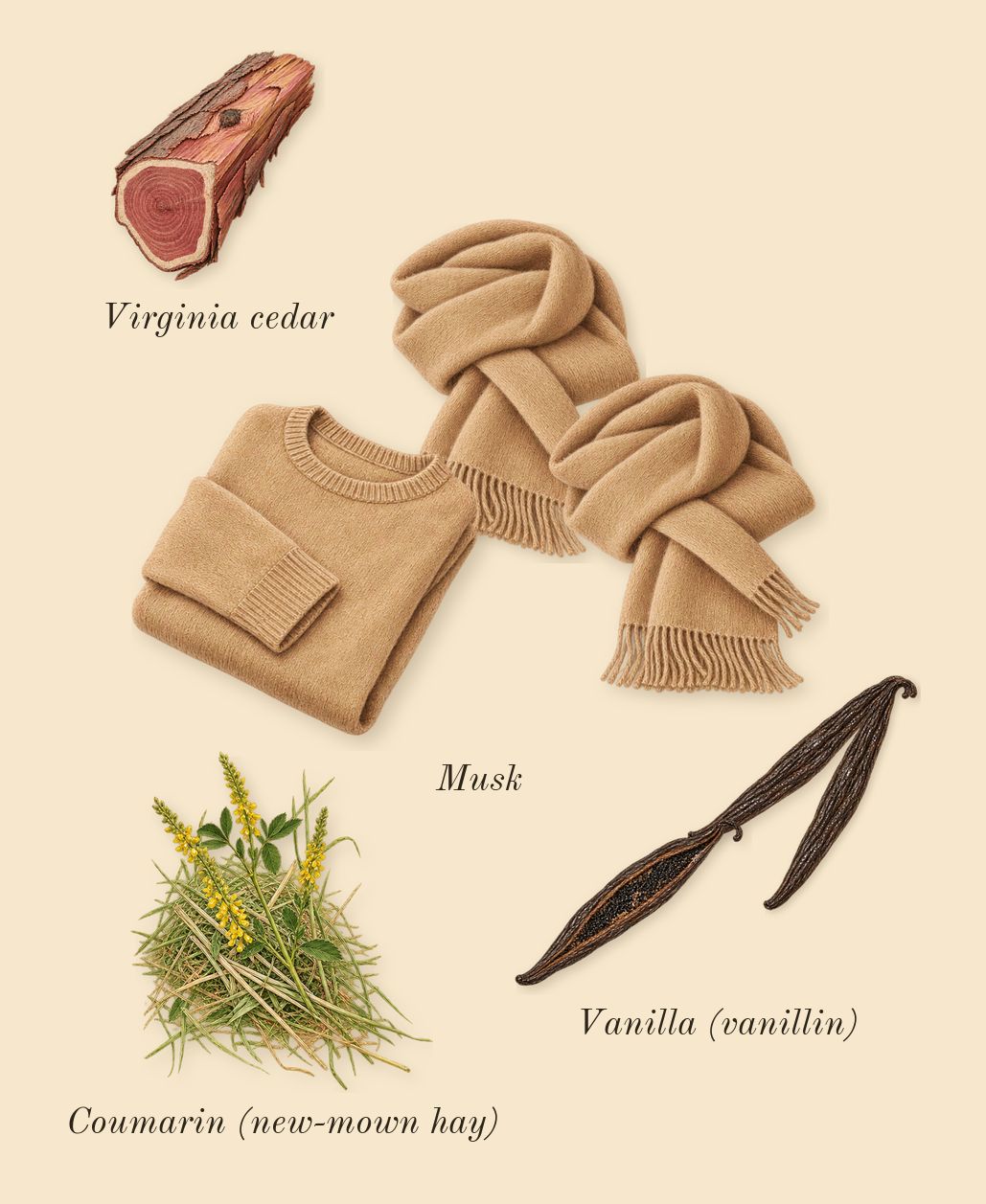 Neroli 36, dry-down: Musk, Vanilla (vanillin), Virginia cedar, Coumarin (new-mown hay)