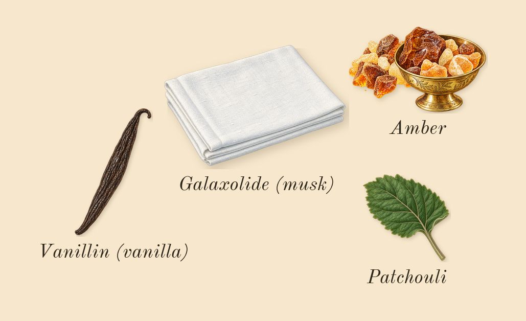Poivre 23, dry-down: Amber, Patchouli, Galaxolide (musk), Vanillin (vanilla)