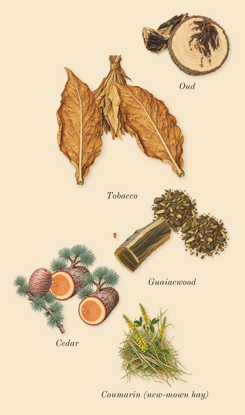 Tabac 28, dry-down: Tobacco, Oud, Cedar, Guaiacwood, Coumarin (new-mown hay)