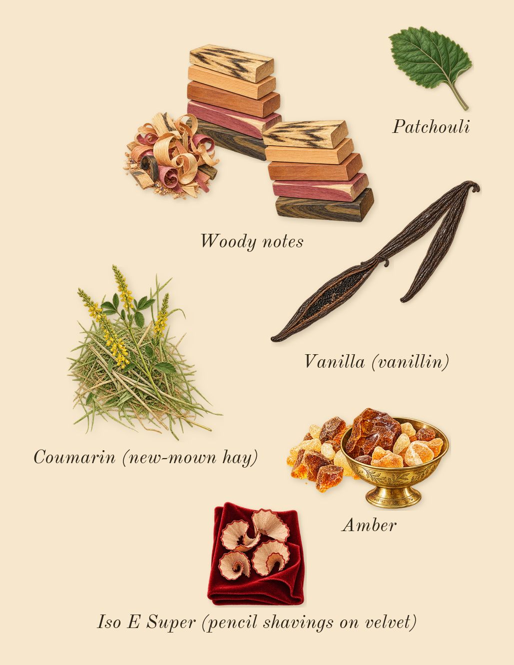 Vanille 44, dry-down: Amber, Woody notes, Vanilla (vanillin), Patchouli, Iso E Super (pencil shavings on velvet), Coumarin (new-mown hay)