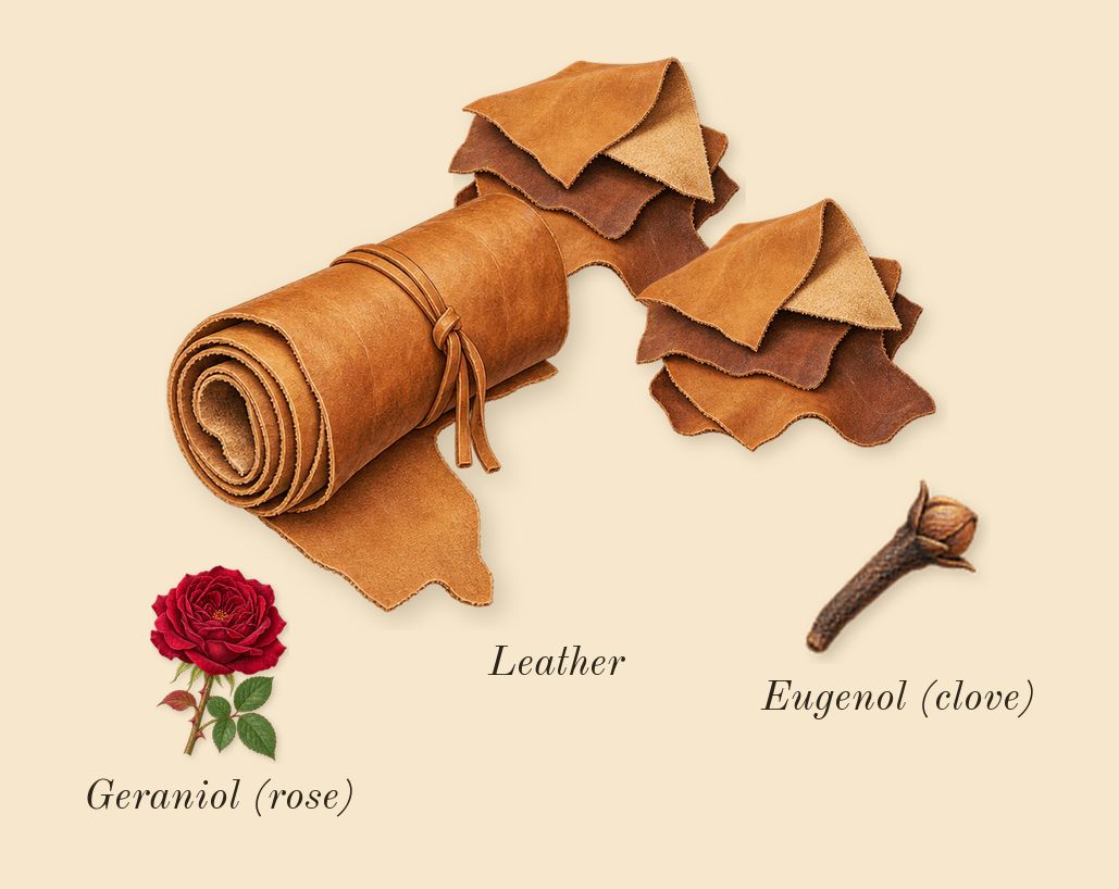 Leather Sadah, heart: Leather, Geraniol (rose), Eugenol (clove)