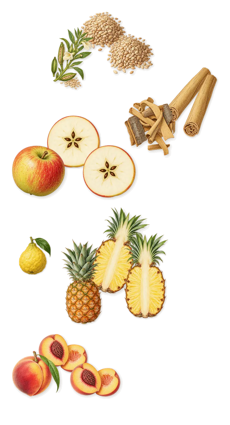 Ambre Supermassive, when you spray it: Peach, Apple, Cinnamon, Pineapple, Sesame, Bergamot