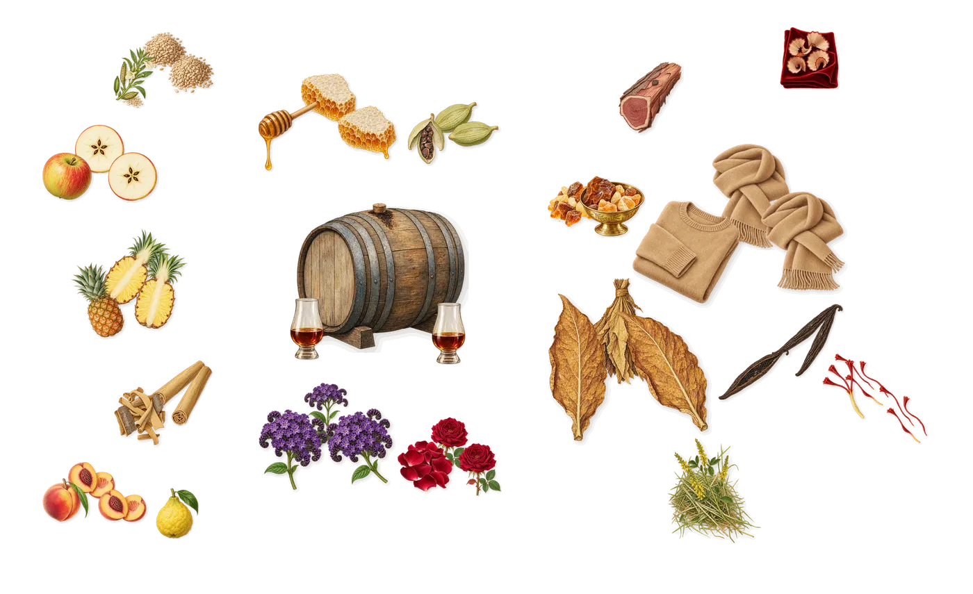 Ambre Supermassive’s scent picture, a draft: peach, apple, cinnamon, pineapple, sesame, rose drawn so far; dashed outlines where nothing is drawn yet
