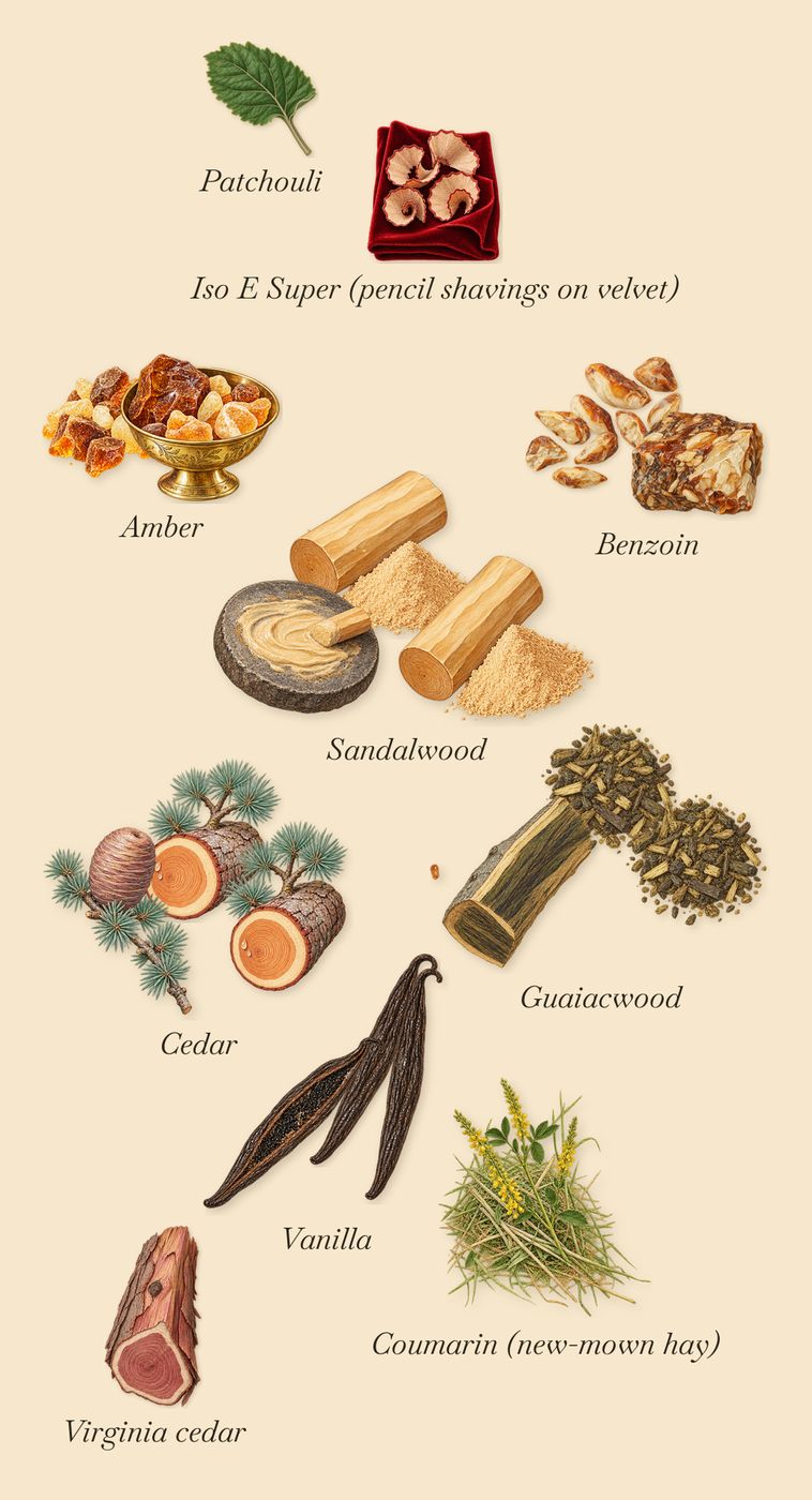 Iris Palladium, what stays: Sandalwood, Vanilla, Guaiacwood, Amber, Benzoin, Cedar, Virginia cedar, Patchouli, Iso E Super (pencil shavings on velvet), Coumarin (new-mown hay)