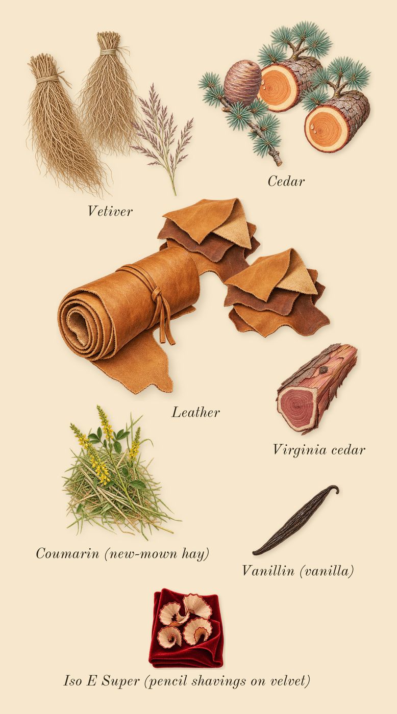 Zephirine, dry-down: Leather, Vetiver, Cedar, Virginia cedar, Iso E Super (pencil shavings on velvet), Coumarin (new-mown hay), Vanillin (vanilla)