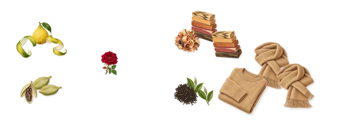 Ethereal Wave’s scent picture, a draft: bergamot, cardamom, tea, blonde woods, velvet musk, citronellol (rose) drawn so far; dashed outlines where nothing is drawn yet
