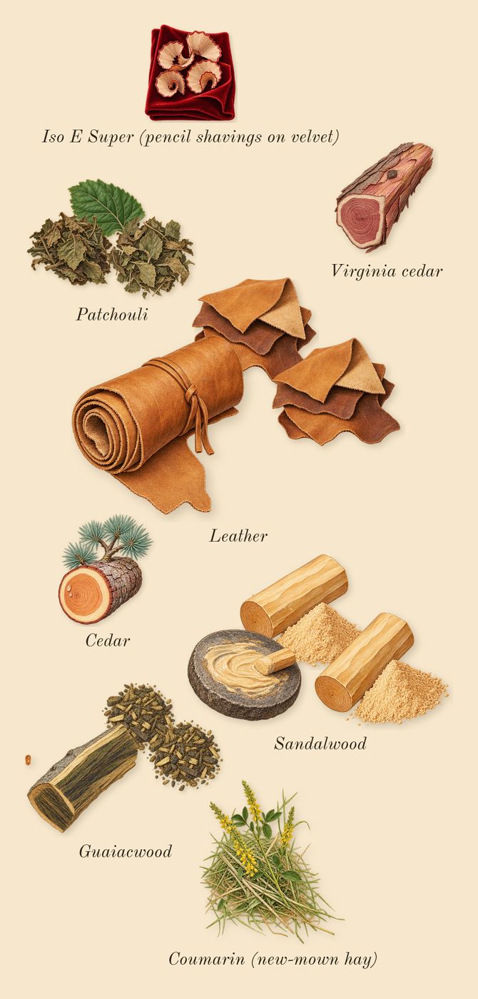 Line 618, dry-down: Patchouli, Sandalwood, Guaiacwood, Leather, Virginia cedar, Cedar, Iso E Super (pencil shavings on velvet), Coumarin (new-mown hay)