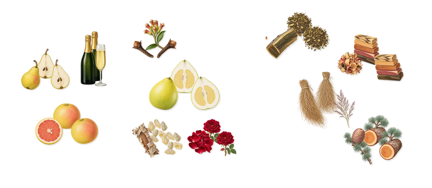 Dom Rosa’s scent picture, a draft: champagne, grapefruit, pear, rose, clove, frankincense drawn so far; dashed outlines where nothing is drawn yet