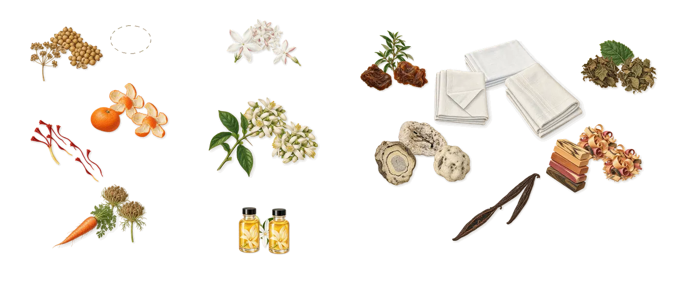 Liquide’s scent picture, a draft: mandarin, saffron, carrot, coriander, orange flower, jasmine drawn so far; dashed outlines where nothing is drawn yet