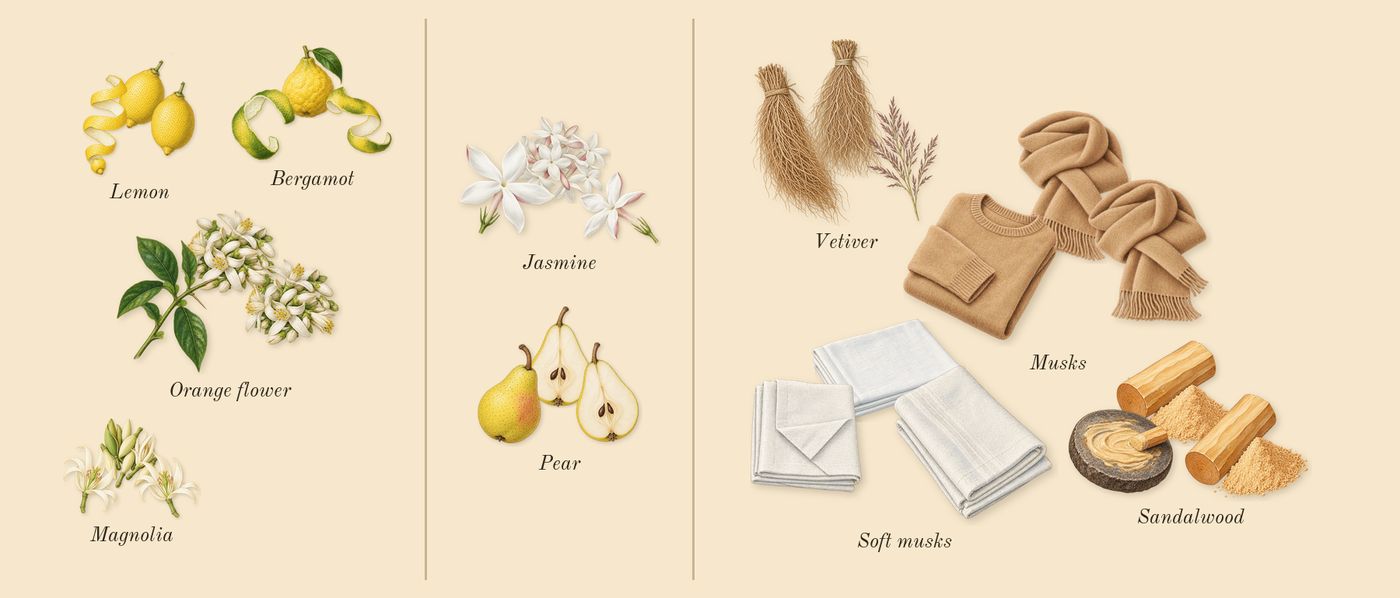 Aire Sutileza Elixir’s scent picture, a draft: pear, bergamot, lemon, orange flower, magnolia, vetiver drawn so far; dashed outlines where nothing is drawn yet