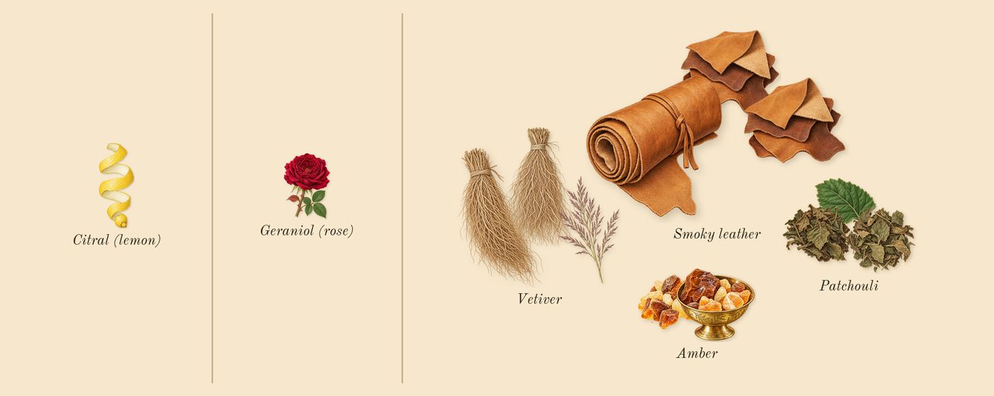Esencia Elixir’s scent picture, a draft: patchouli, amber, vetiver, smoky leather, citral (lemon), geraniol (rose) drawn so far; dashed outlines where nothing is drawn yet