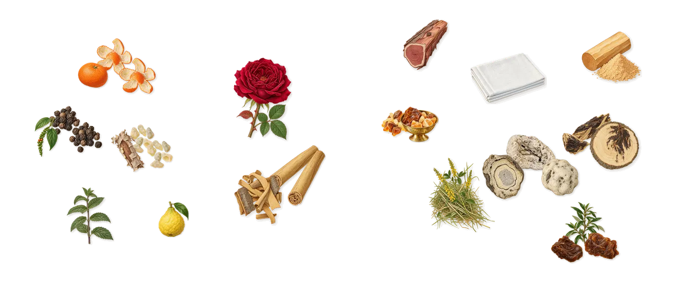 Ambre Levant’s scent picture, a draft: oud, ambergris, mandarin, black pepper, cinnamon, amber drawn so far; dashed outlines where nothing is drawn yet