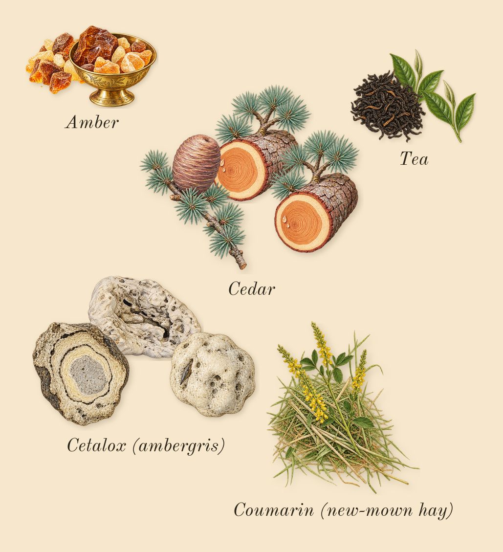 Imagination, dry-down: Amber, Tea, Cetalox (ambergris), Cedar, Coumarin (new-mown hay)