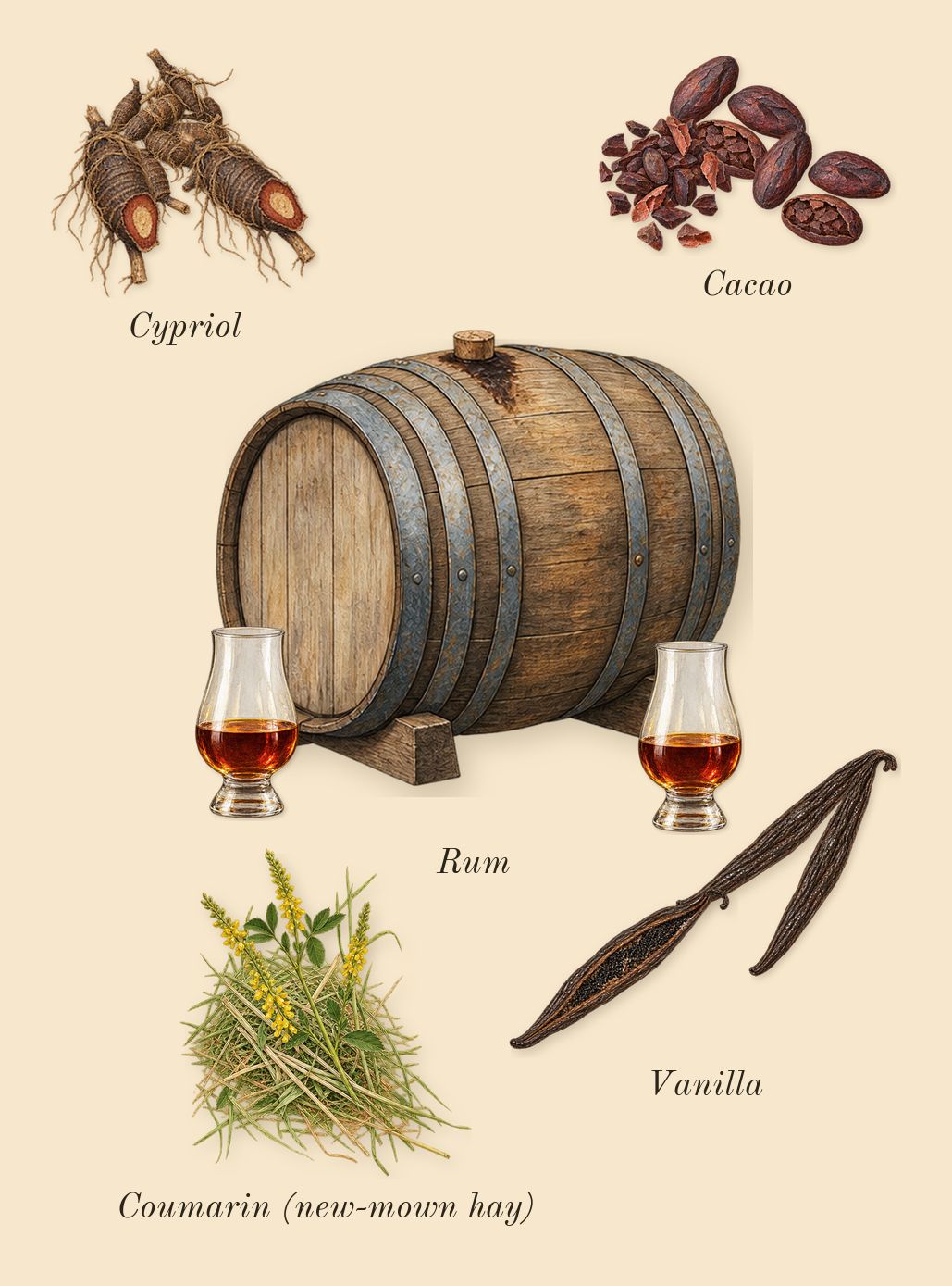 Love Delight, dry-down: Vanilla, Cacao, Rum, Cypriol, Coumarin (new-mown hay)