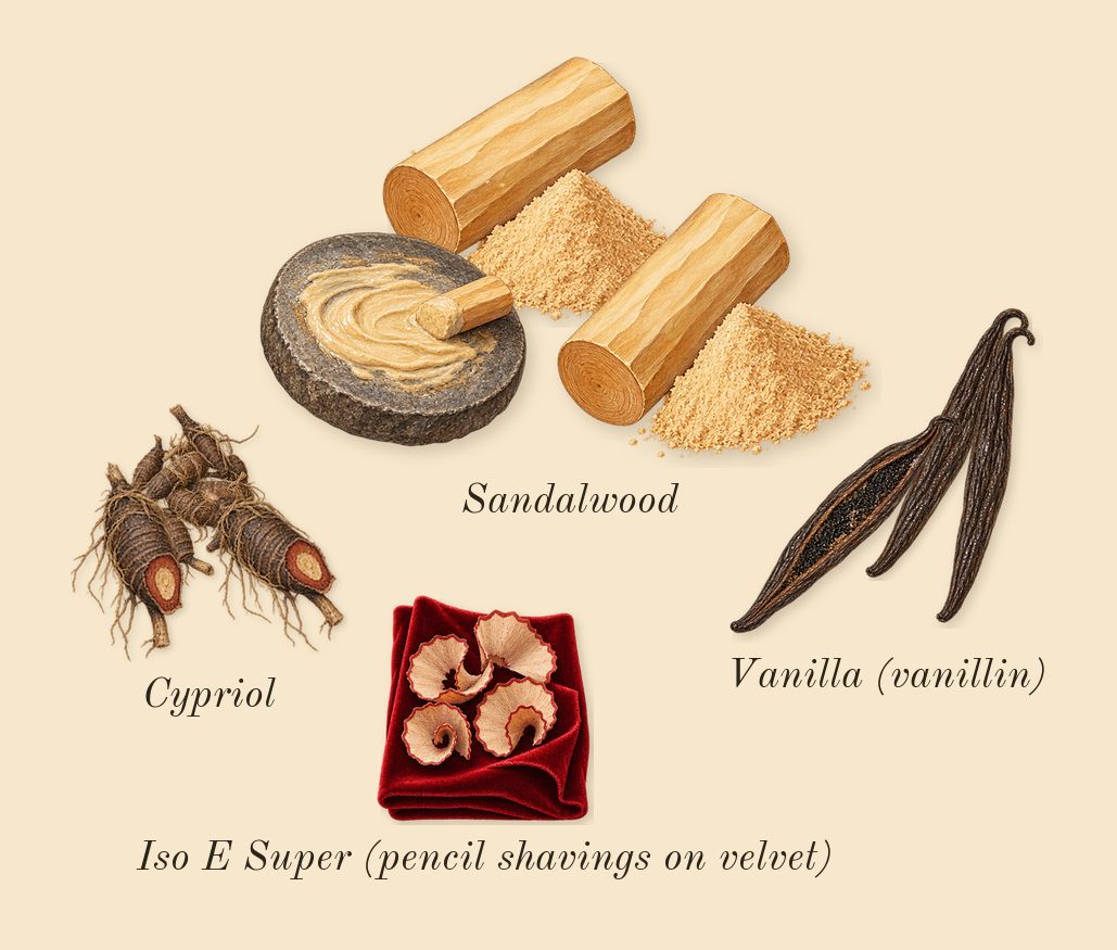 Love Hibiscus, dry-down: Sandalwood, Cypriol, Vanilla (vanillin), Iso E Super (pencil shavings on velvet)