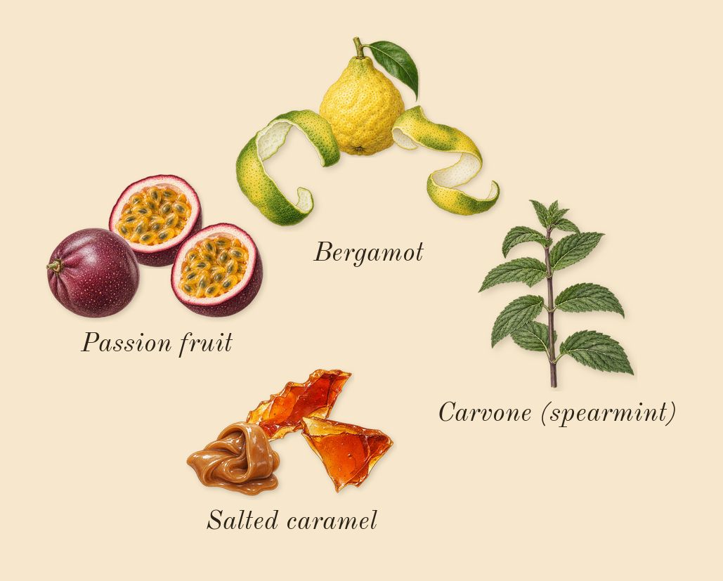 Love Hibiscus, top notes: Salted caramel, Passion fruit, Bergamot, Carvone (spearmint)