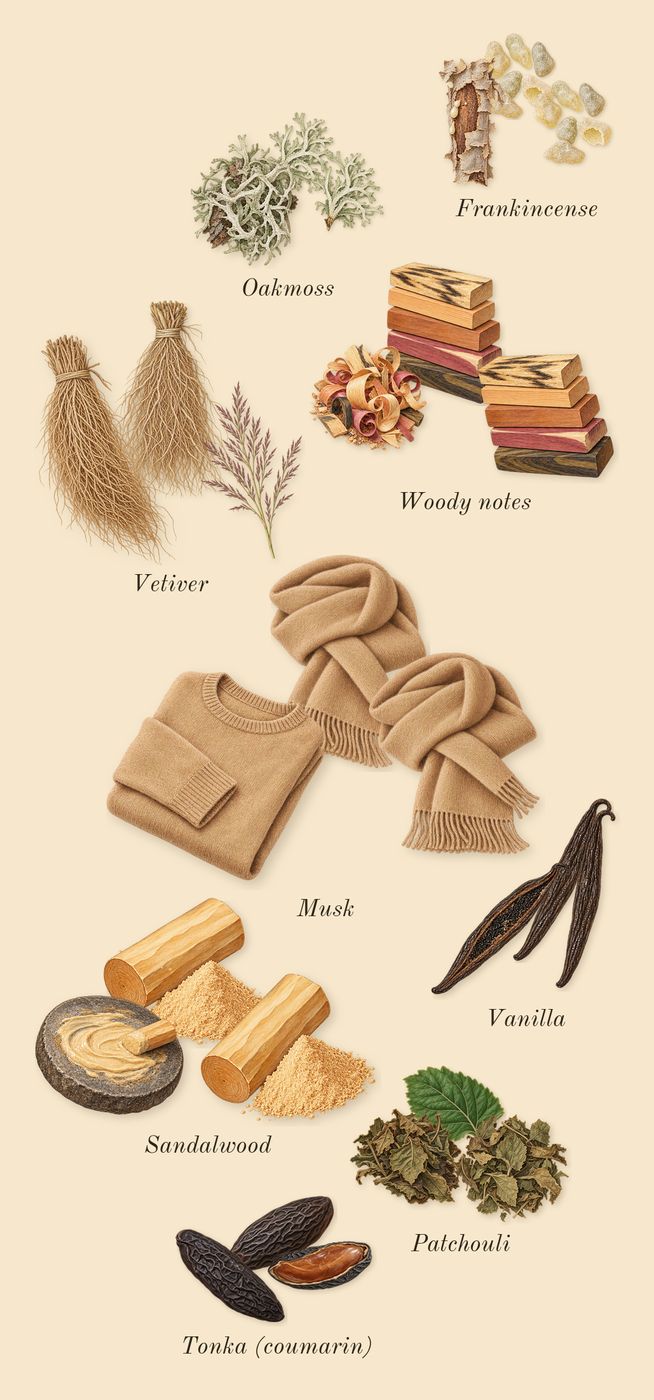 Lyric Woman, dry-down: Oakmoss, Musk, Woody notes, Patchouli, Vetiver, Sandalwood, Vanilla, Tonka (coumarin), Frankincense