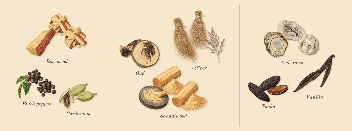 Dark Aoud’s scent picture, a draft: cardamom, black pepper, rosewood, oud, sandalwood, vetiver drawn so far; dashed outlines where nothing is drawn yet