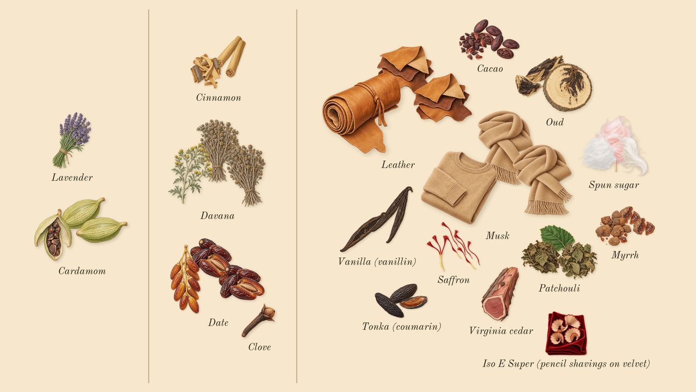 Oud Cadenza’s scent picture, a draft: cardamom, cinnamon, saffron, oud, davana, cacao drawn so far; dashed outlines where nothing is drawn yet