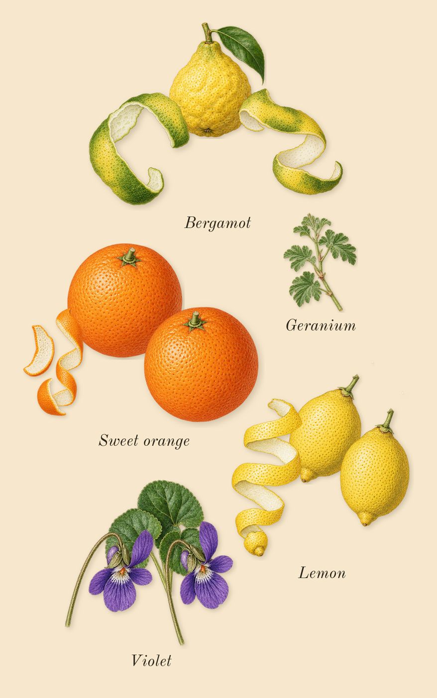 À la Rose, top notes: Violet, Bergamot, Lemon, Sweet orange, Geranium