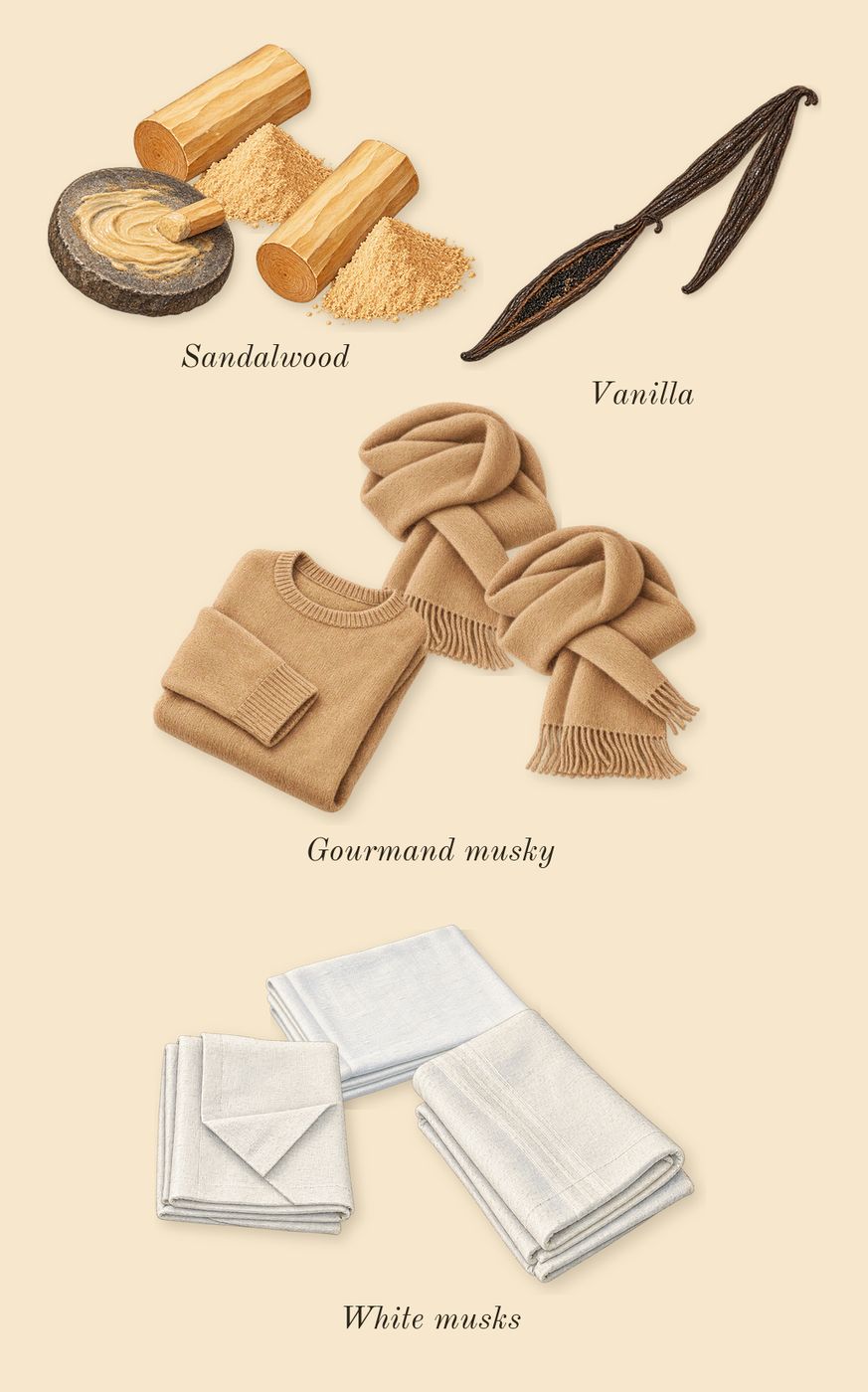 Kurky, dry-down: Gourmand musky, White musks, Vanilla, Sandalwood
