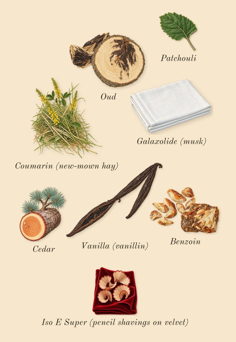 Oud Satin Mood, dry-down: Oud, Vanilla (vanillin), Benzoin, Patchouli, Cedar, Galaxolide (musk), Iso E Super (pencil shavings on velvet), Coumarin (new-mown hay)
