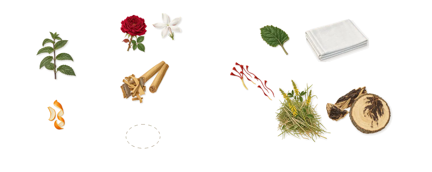 Oud Velvet Mood’s scent picture, a draft: cinnamon, saffron, oud, patchouli, jasmine, rose drawn so far; dashed outlines where nothing is drawn yet
