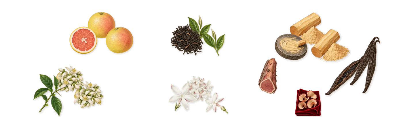 Printemps Blanc’s scent picture, a draft: orange blossom, grapefruit, jasmine, tea, sandalwood, vanilla drawn so far; dashed outlines where nothing is drawn yet